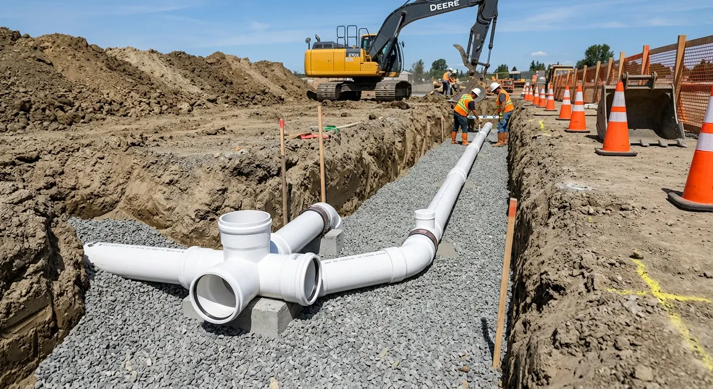New PVC sewer pipe installation in open trench for Commercial Drain Cleaning in Palmyra